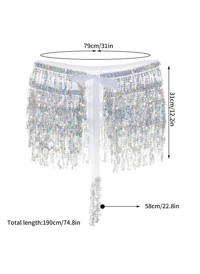 SUMERSHA - SUMERSHA Belly Dance Hip Scarf Sequin Tassel Skirt Sparkly Fringe Skirt Wrap Halloween Costume Party Rave Clothing, Silver - Image 1
