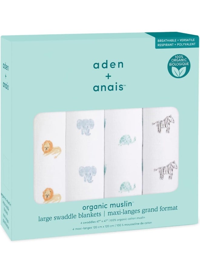 aden + anais aden + anais 100% Organic Cotton Muslin Swaddle, GOTS Certified, Swaddle Receiving Blankets for Baby Girls & Boys, 120x120cm, Newborn & Infant Swaddling Wrap Set, Shower Gifts, 4 Pack, animal kingdom  - Image 3