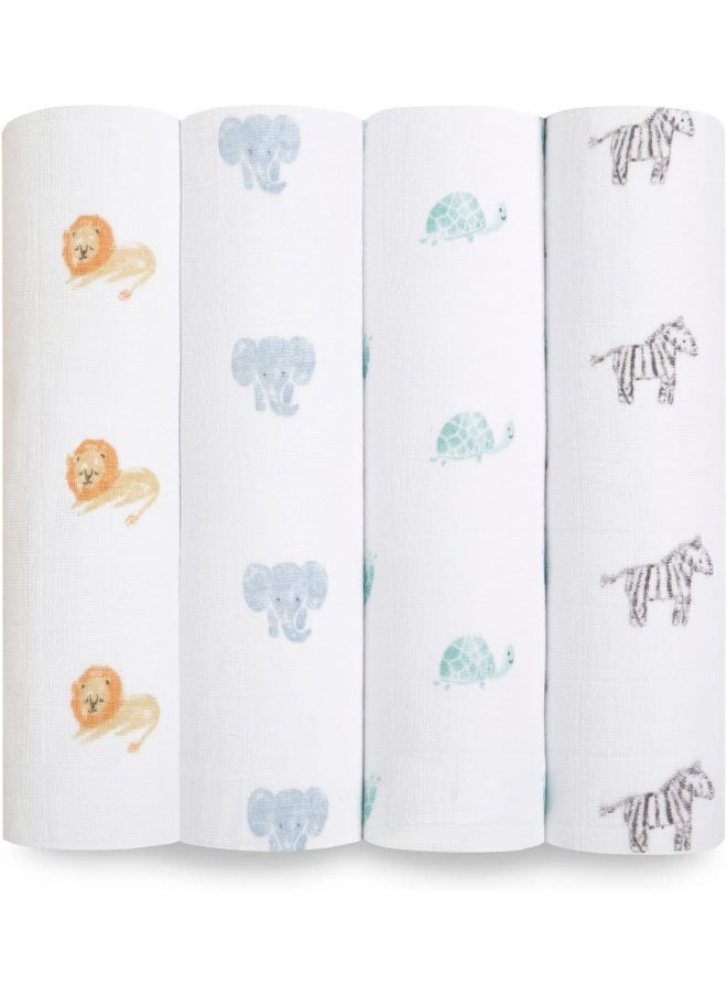 aden + anais aden + anais 100% Organic Cotton Muslin Swaddle, GOTS Certified, Swaddle Receiving Blankets for Baby Girls & Boys, 120x120cm, Newborn & Infant Swaddling Wrap Set, Shower Gifts, 4 Pack, animal kingdom  - Image 1