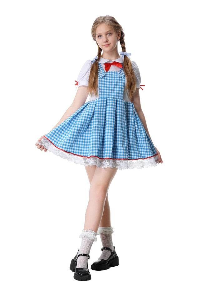 GRAJTCIN Kids Dorothy Costume Girls Blue Gingham Dress with Hair Bows and Socks Book Storybook Character Halloween Christmas Outfit (XL, Blue) - Image 5