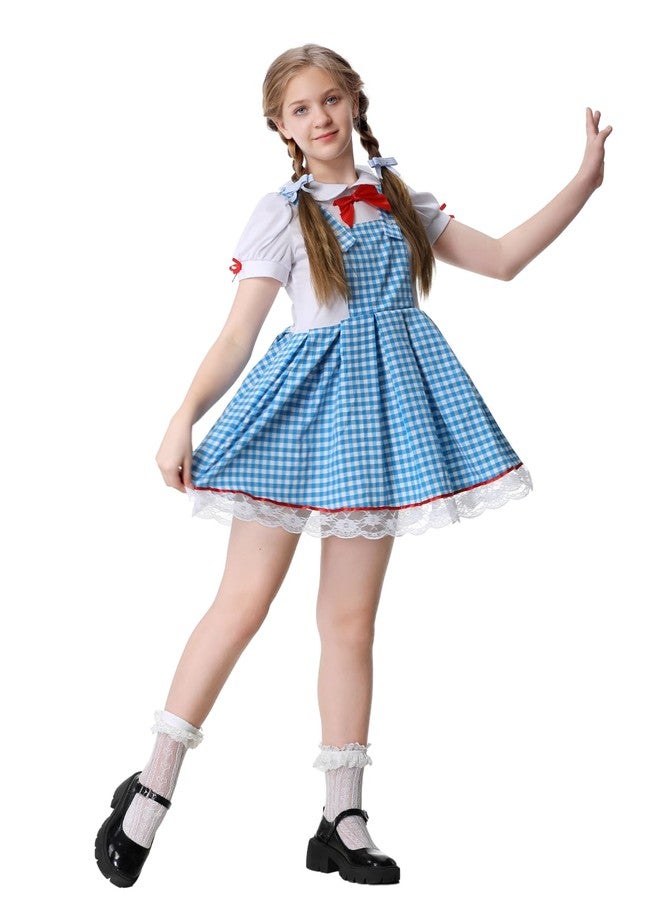 GRAJTCIN Kids Dorothy Costume Girls Blue Gingham Dress with Hair Bows and Socks Book Storybook Character Halloween Christmas Outfit (XL, Blue) - Image 4