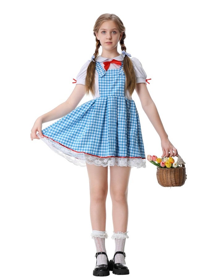 GRAJTCIN Kids Dorothy Costume Girls Blue Gingham Dress with Hair Bows and Socks Book Storybook Character Halloween Christmas Outfit (XL, Blue) - Image 1