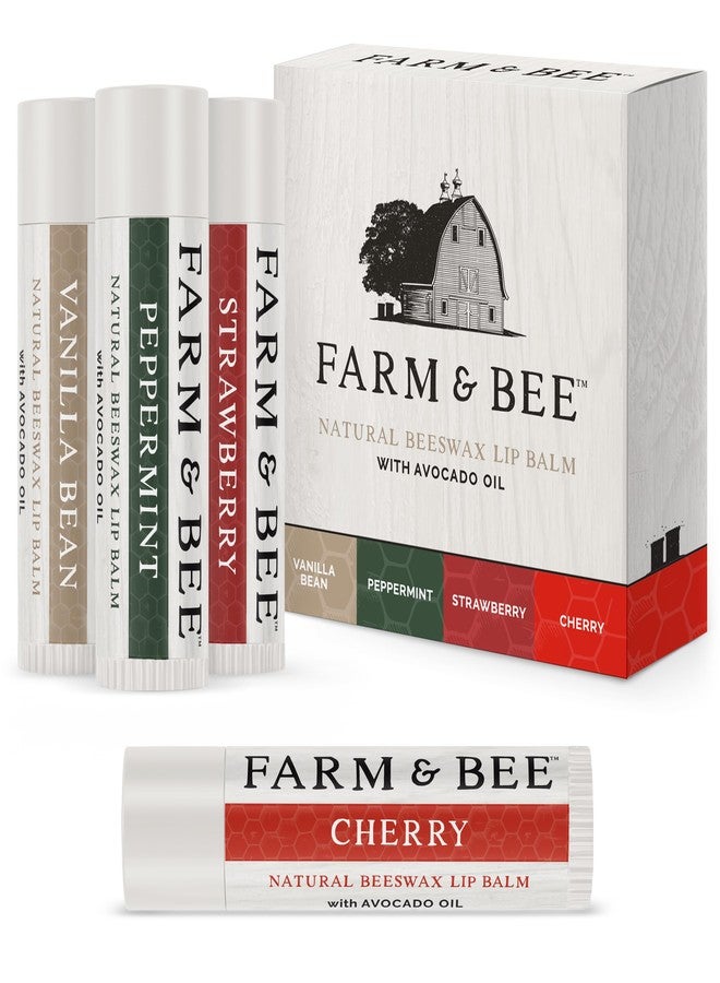 Farm & Bee Natural Lip Balm - Variety Pack - Organic & Natural Ingredients - Beeswax Based Lip Care Chapstick - Great Gift - Farm & Bee - 0.15oz (Pack of 4 - Vanilla Bean/Peppermint/Strawberry/Cherry) - Image 1