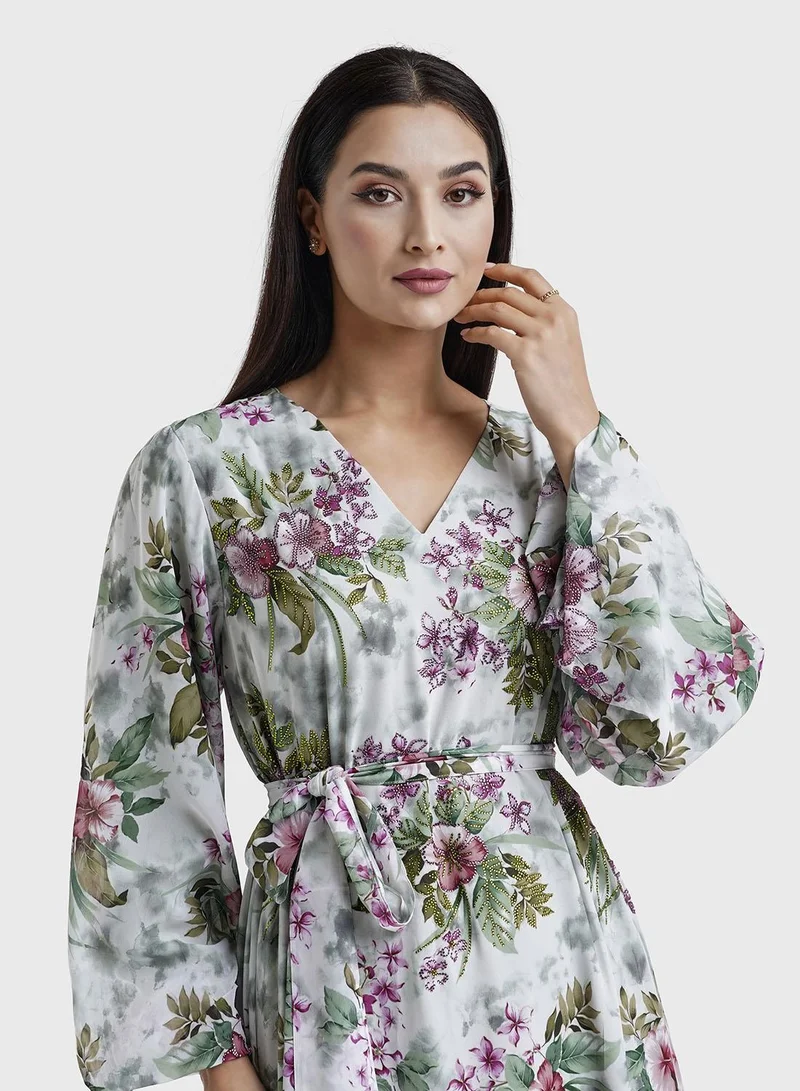 KASHKHA Grey Green Georgette Digital Floral Print Dress (VY02)