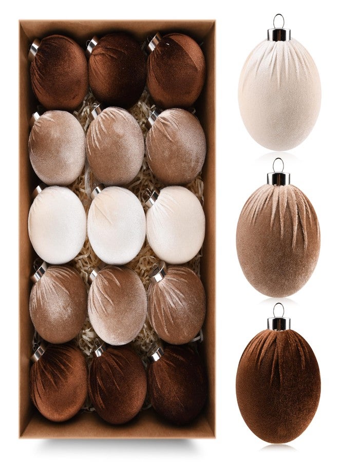 VTYEPOU 15 Pieces Brown Velvet Christmas Tree Decorations Shatterproof Christmas Baubles for Christmas Tree Decorations, Multicolor, Brown, Neutral Beige, 80mm - Image 1