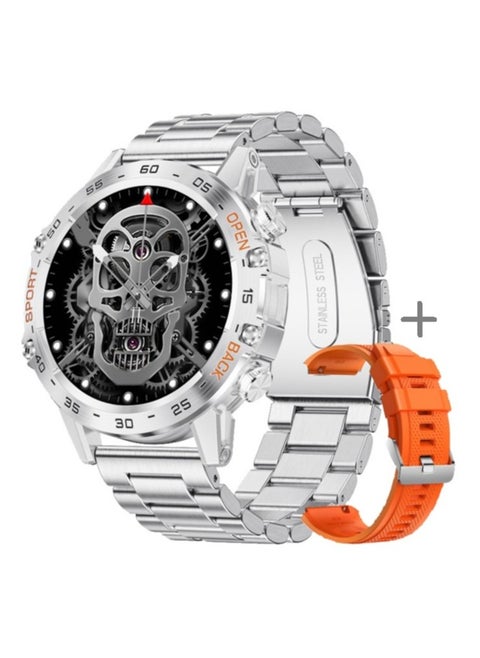 Smart Watch With Bluetooth Calling Function (Answer/Make Calls),1.39" HD Screen, 400mAh Battery, 5ATM Waterproof, Fitness Tracker, 100+ Sports Modes, Heart Rate & Blood Pressure Monitoring, Suitable For IPhone/Android, (Silver steel + Orange silicone) 2pcs Watch Strap