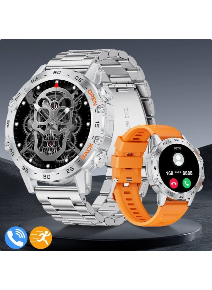 Smart Watch With Bluetooth Calling Function (Answer/Make Calls),1.39" HD Screen, 400mAh Battery, 5ATM Waterproof, Fitness Tracker, 100+ Sports Modes, Heart Rate & Blood Pressure Monitoring, Suitable For IPhone/Android, (Silver steel + Orange silicone) 2pcs Watch Strap