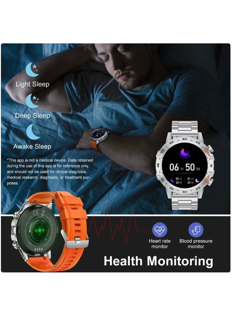 Smart Watch With Bluetooth Calling Function (Answer/Make Calls),1.39" HD Screen, 400mAh Battery, 5ATM Waterproof, Fitness Tracker, 100+ Sports Modes, Heart Rate & Blood Pressure Monitoring, Suitable For IPhone/Android, (Silver steel + Orange silicone) 2pcs Watch Strap