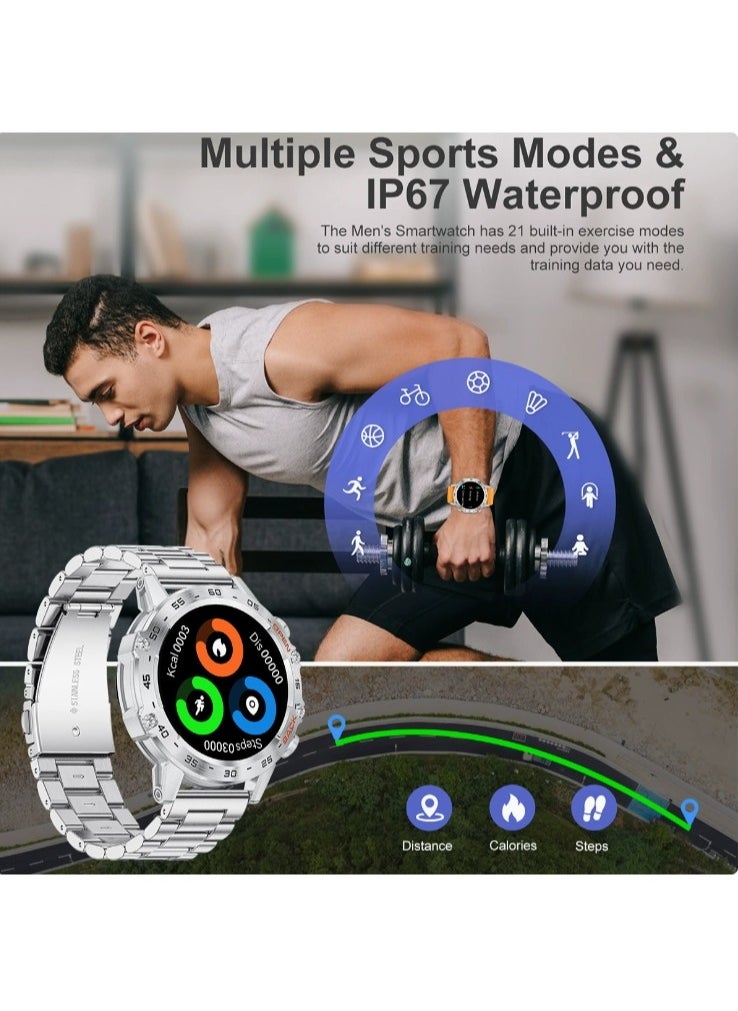 Smart Watch With Bluetooth Calling Function (Answer/Make Calls),1.39" HD Screen, 400mAh Battery, 5ATM Waterproof, Fitness Tracker, 100+ Sports Modes, Heart Rate & Blood Pressure Monitoring, Suitable For IPhone/Android, (Silver steel + Orange silicone) 2pcs Watch Strap
