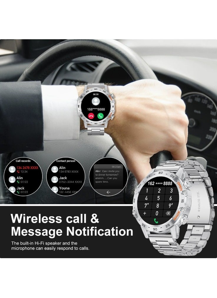 Smart Watch With Bluetooth Calling Function (Answer/Make Calls),1.39" HD Screen, 400mAh Battery, 5ATM Waterproof, Fitness Tracker, 100+ Sports Modes, Heart Rate & Blood Pressure Monitoring, Suitable For IPhone/Android, (Silver steel + Orange silicone) 2pcs Watch Strap
