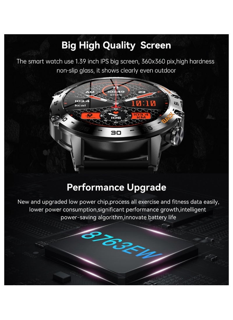 Smart Watch With Bluetooth Calling Function (Answer/Make Calls),1.39" HD Screen, 400mAh Battery, 5ATM Waterproof, Fitness Tracker, 100+ Sports Modes, Heart Rate & Blood Pressure Monitoring, Suitable For IPhone/Android, (Silver steel + Orange silicone) 2pcs Watch Strap