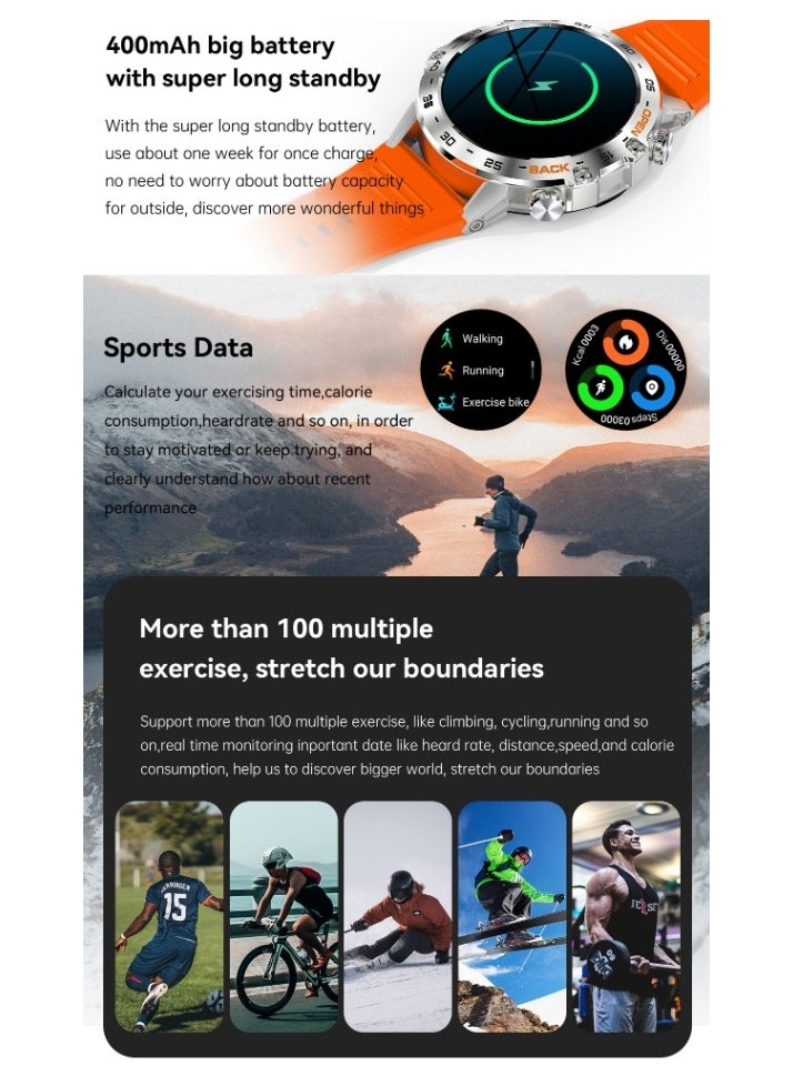 Smart Watch With Bluetooth Calling Function (Answer/Make Calls),1.39" HD Screen, 400mAh Battery, 5ATM Waterproof, Fitness Tracker, 100+ Sports Modes, Heart Rate & Blood Pressure Monitoring, Suitable For IPhone/Android, (Silver steel + Orange silicone) 2pcs Watch Strap