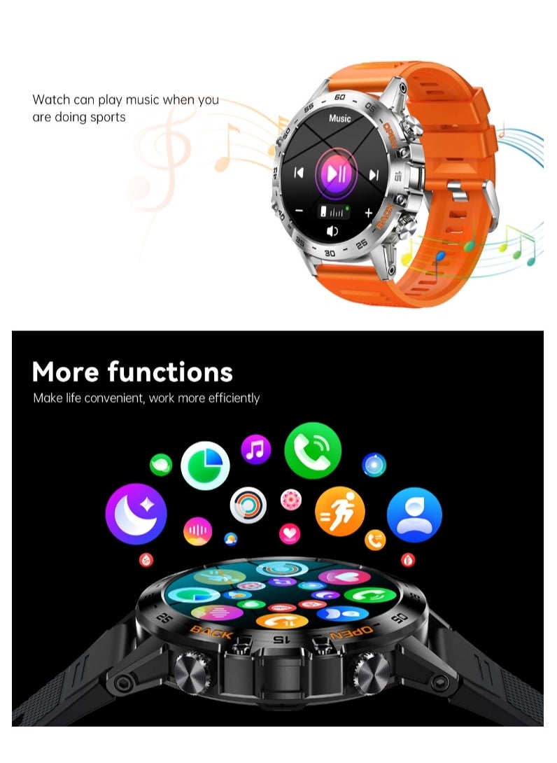 Smart Watch With Bluetooth Calling Function (Answer/Make Calls),1.39" HD Screen, 400mAh Battery, 5ATM Waterproof, Fitness Tracker, 100+ Sports Modes, Heart Rate & Blood Pressure Monitoring, Suitable For IPhone/Android, (Silver steel + Orange silicone) 2pcs Watch Strap