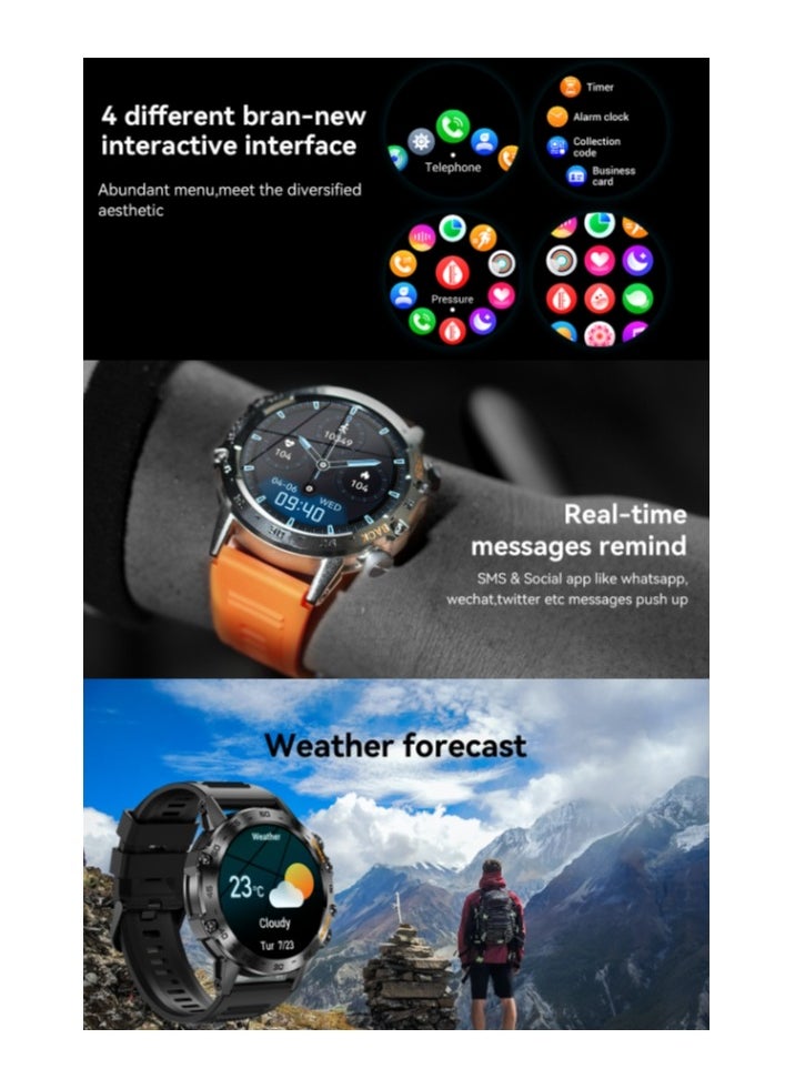 Smart Watch With Bluetooth Calling Function (Answer/Make Calls),1.39" HD Screen, 400mAh Battery, 5ATM Waterproof, Fitness Tracker, 100+ Sports Modes, Heart Rate & Blood Pressure Monitoring, Suitable For IPhone/Android, (Silver steel + Orange silicone) 2pcs Watch Strap