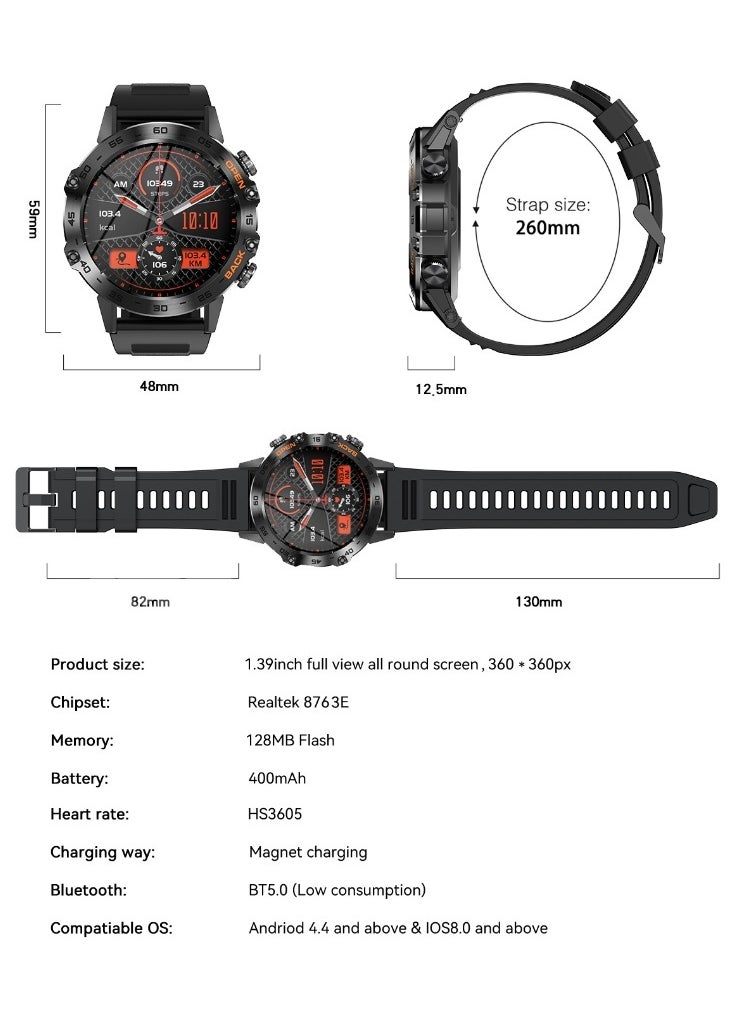 Smart Watch With Bluetooth Calling Function (Answer/Make Calls),1.39" HD Screen, 400mAh Battery, 5ATM Waterproof, Fitness Tracker, 100+ Sports Modes, Heart Rate & Blood Pressure Monitoring, Suitable For IPhone/Android, (Silver steel + Orange silicone) 2pcs Watch Strap