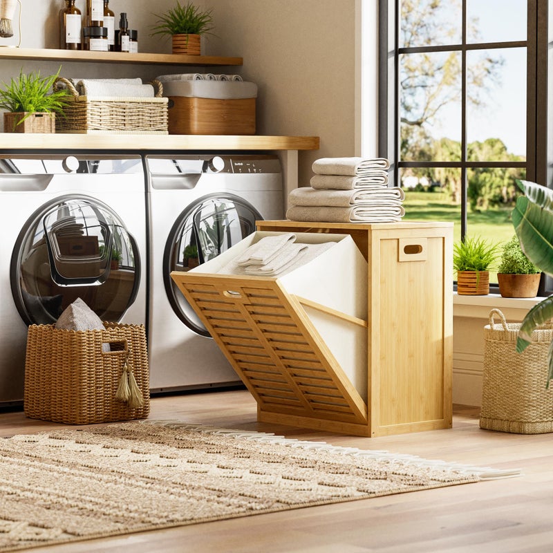 HITNET Tilt Out Laundry Hamper, Bamboo Laundry Cabinet with Hidden Removable Basket, Freestanding Clothes Storage organizer for Bedroom, Bathroom, Living Room, Natural - Image 2