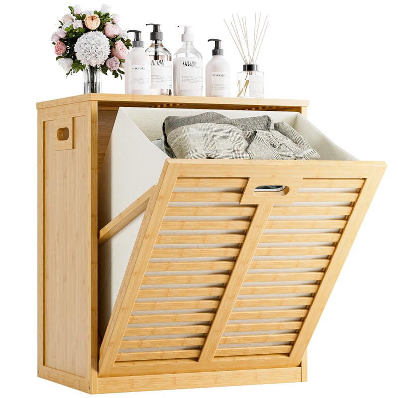 HITNET Tilt Out Laundry Hamper, Bamboo Laundry Cabinet with Hidden Removable Basket, Freestanding Clothes Storage organizer for Bedroom, Bathroom, Living Room, Natural - Image 1
