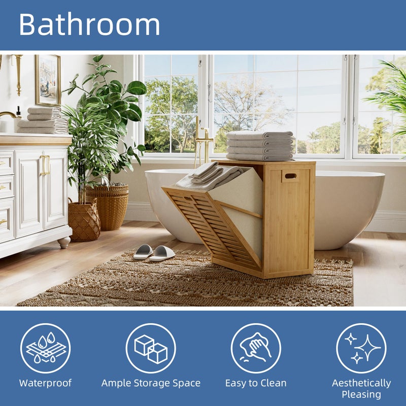 HITNET Tilt Out Laundry Hamper, Bamboo Laundry Cabinet with Hidden Removable Basket, Freestanding Clothes Storage organizer for Bedroom, Bathroom, Living Room, Natural - Image 5