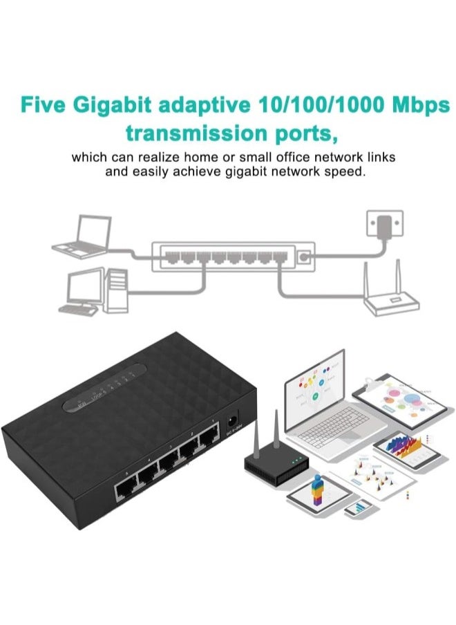 Gigabit Ethernet Switch, 5 Port Fast 10/100/1000Mbps Ethernet LAN Hub Network Gigabit Switch, Full/Half Duplex Adaptive Transmission Mode, Black(US Plug)