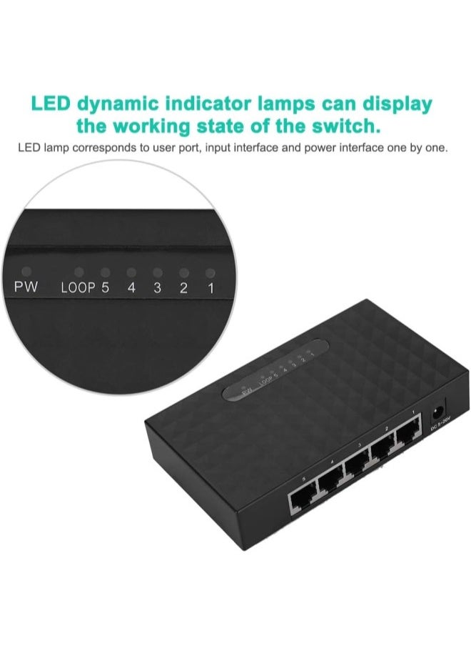 Gigabit Ethernet Switch, 5 Port Fast 10/100/1000Mbps Ethernet LAN Hub Network Gigabit Switch, Full/Half Duplex Adaptive Transmission Mode, Black(US Plug)
