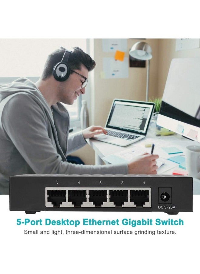 Gigabit Ethernet Switch, 5 Port Fast 10/100/1000Mbps Ethernet LAN Hub Network Gigabit Switch, Full/Half Duplex Adaptive Transmission Mode, Black(US Plug)