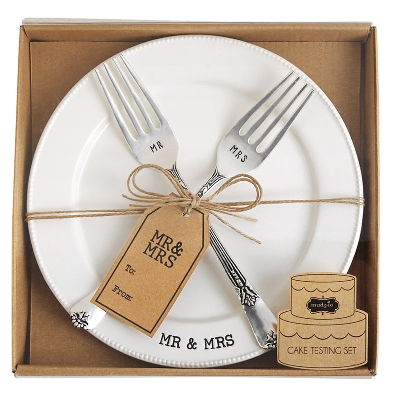 Mud Pie Mr. & Mrs. Plate & Fork Set, White (4235006) - Image 1