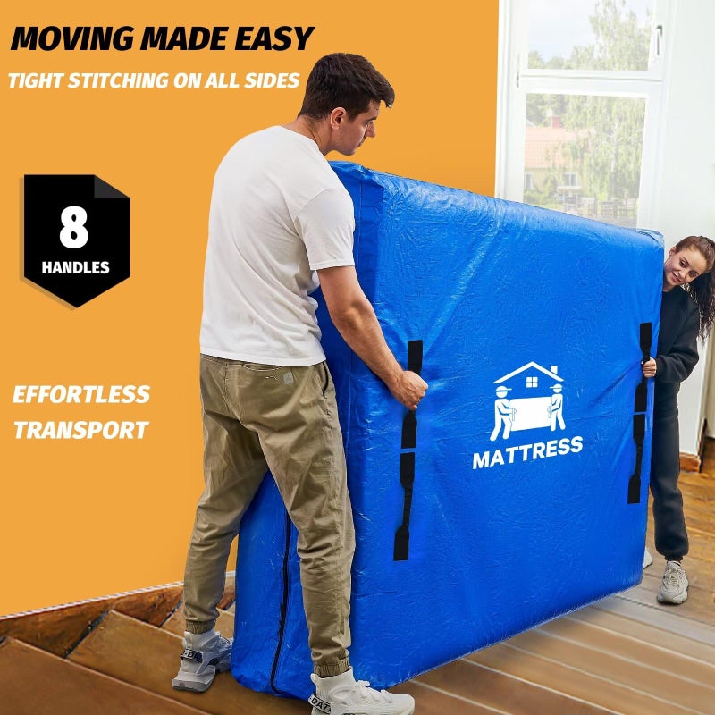 BETU Mattress Bags for Moving, BETU Mattress Protector Waterproof Mattress Cover Full Size Storage Bags with 8 Heavy-Duty Handles and Zipper for Bed Extra Thick Large Reusable (77"x57"x15" Blue) - Image 3