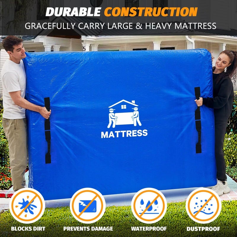 BETU Mattress Bags for Moving, BETU Mattress Protector Waterproof Mattress Cover Full Size Storage Bags with 8 Heavy-Duty Handles and Zipper for Bed Extra Thick Large Reusable (77"x57"x15" Blue) - Image 4