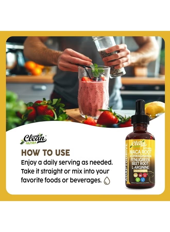 كلين نيوتراسيوتيكالز Maca Root Liquid Drops with Ashwagandha, Fenugreek, Beet Root and L-Arginine Liquid Multivitamin for Women and Men - Adapto Drive by Clean Nutra - Image 4