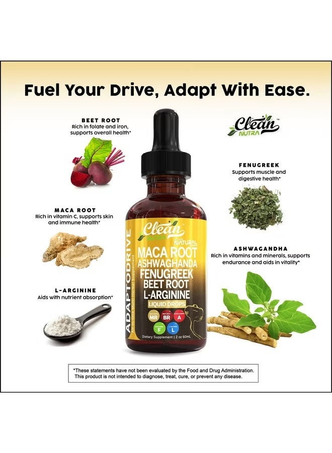 كلين نيوتراسيوتيكالز Maca Root Liquid Drops with Ashwagandha, Fenugreek, Beet Root and L-Arginine Liquid Multivitamin for Women and Men - Adapto Drive by Clean Nutra - Image 2