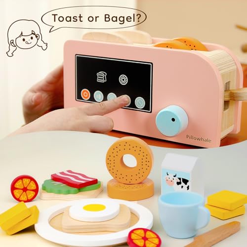 Pillowhale Bagel Toast PopUp Toaster 18Piece Wooden Breakfast Playset Montessori Kitchen Toy Includes Bagels Bread Bacon Veggies Milk for Kids Ages 3 - Image 5