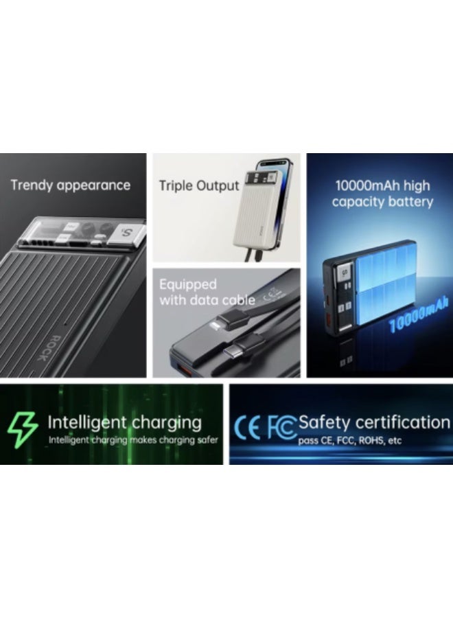 ROCK S3 10000mAh Power Bank with Built-in USB-C & Lightning Cables, Triple Output, USB-A Port – Black - Image 2