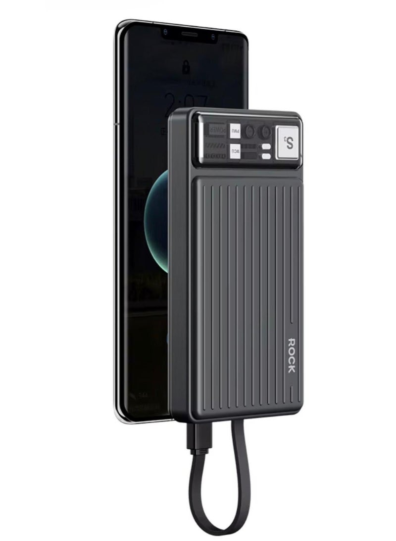 ROCK S3 10000mAh Power Bank with Built-in USB-C & Lightning Cables, Triple Output, USB-A Port – Black - Image 1