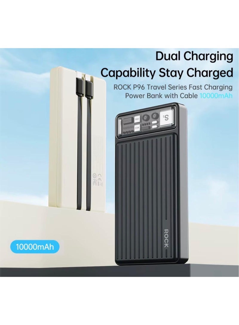 ROCK S3 10000mAh Power Bank with Built-in USB-C & Lightning Cables, Triple Output, USB-A Port – Black - Image 4