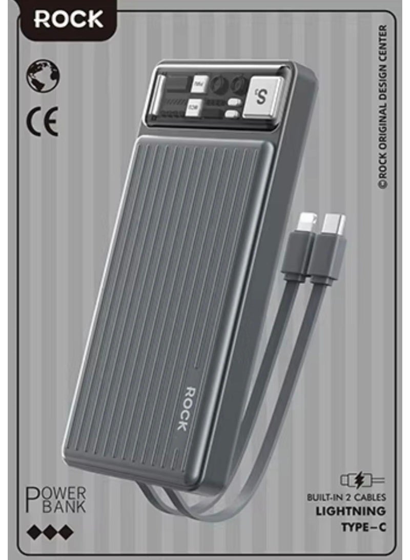 ROCK S3 10000mAh Power Bank with Built-in USB-C & Lightning Cables, Triple Output, USB-A Port – Black - Image 5