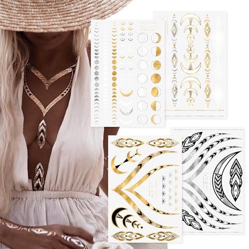 Flash+Tattoos Flash Tattoos Lunar Love Authentic Metallic Temporary Tattoos 4 Sheet Pack (Black/gold/silver/white) - Includes Over 38 Premium Waterproof Tattoos - Image 1