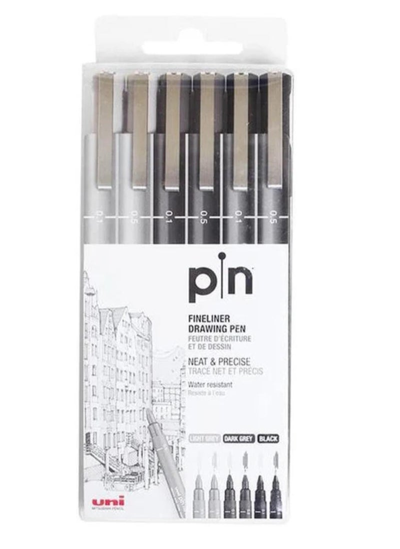 Uniball 6-Piece Fineliner Pen Set Light Grey/Dark Grey/Black  - Image 1
