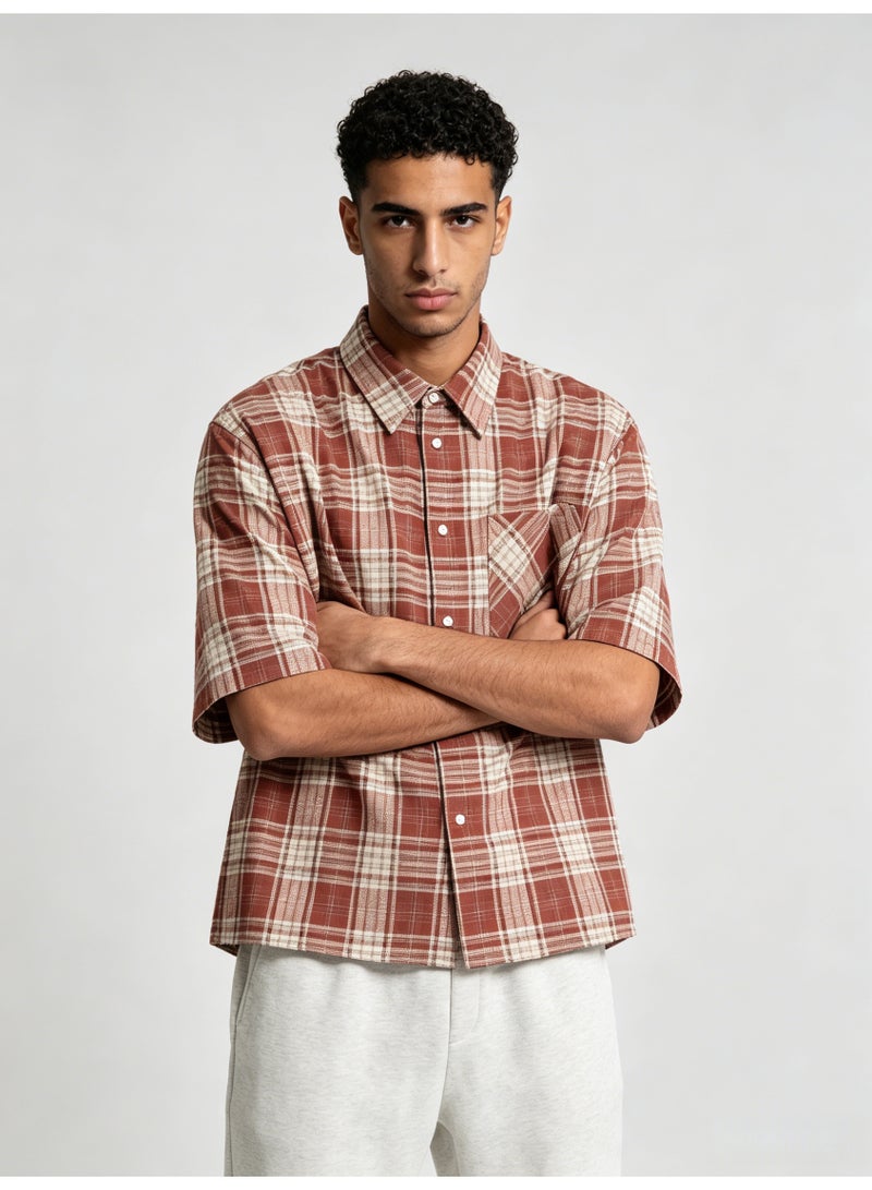 زارا ZARA Men’s Red Plaid Short Sleeve Oversized Button Shirt - Image 1