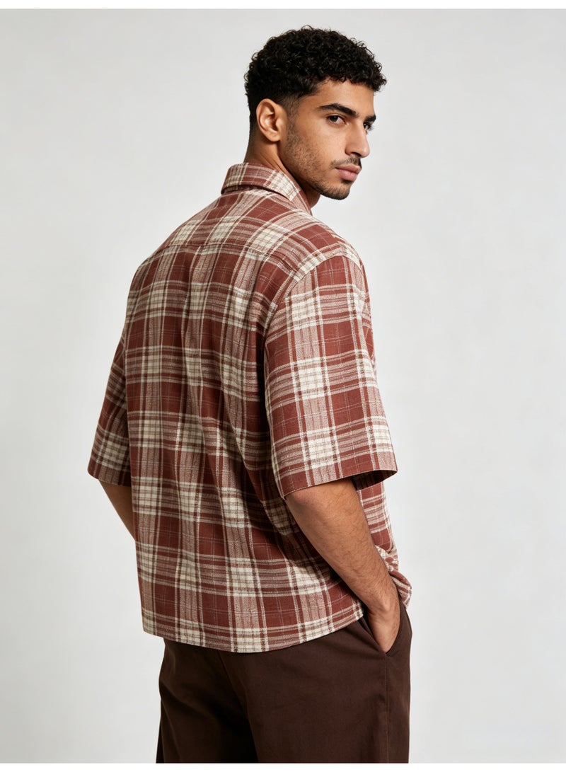 زارا ZARA Men’s Red Plaid Short Sleeve Oversized Button Shirt - Image 5