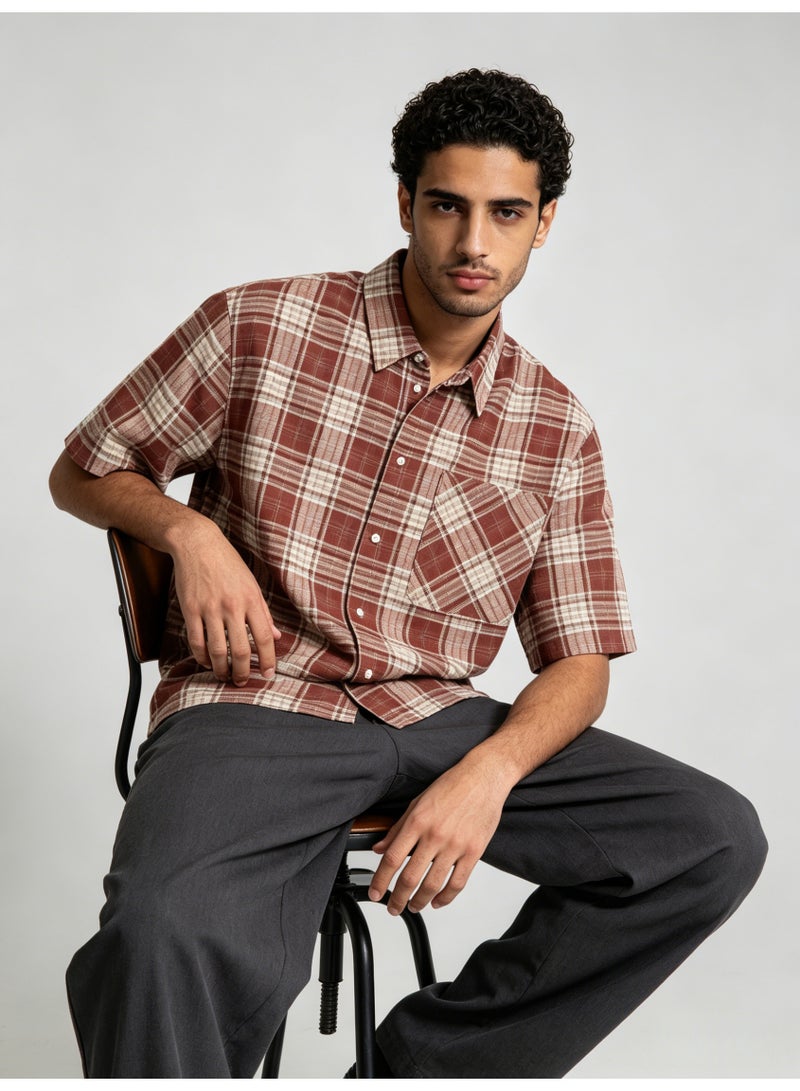 زارا ZARA Men’s Red Plaid Short Sleeve Oversized Button Shirt - Image 4