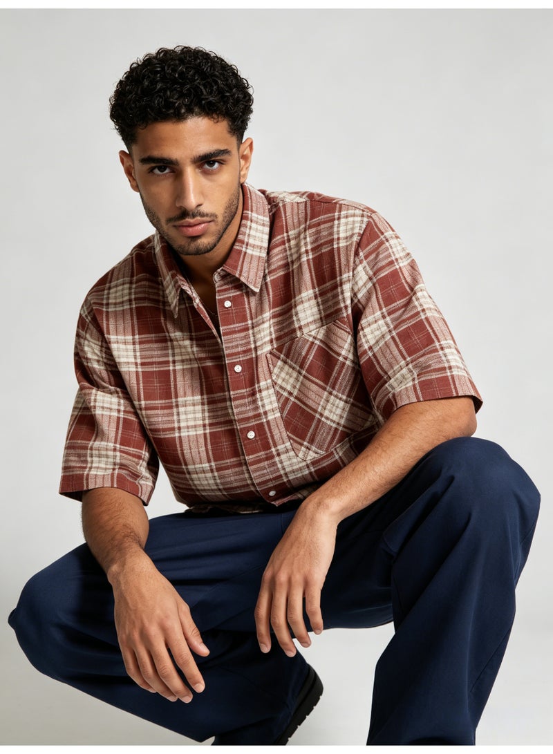 زارا ZARA Men’s Red Plaid Short Sleeve Oversized Button Shirt - Image 3