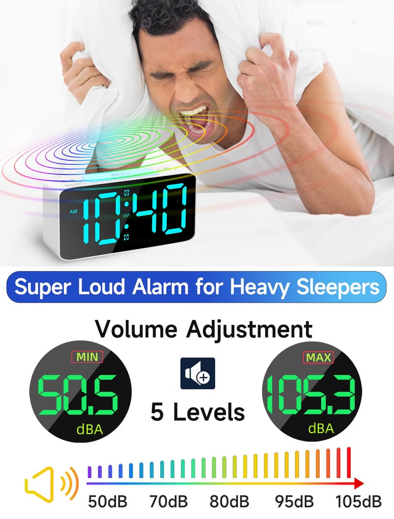 Cadmos Super Loud Alarm Clock for Heavy Sleepers Adults,Digital Clock with 7 Color NightLight,Adjustable Volume,USB Charger,Small Clocks for Bedrooms,Ok to Wake Up for Kids,Teens (White+RGB) - Image 5