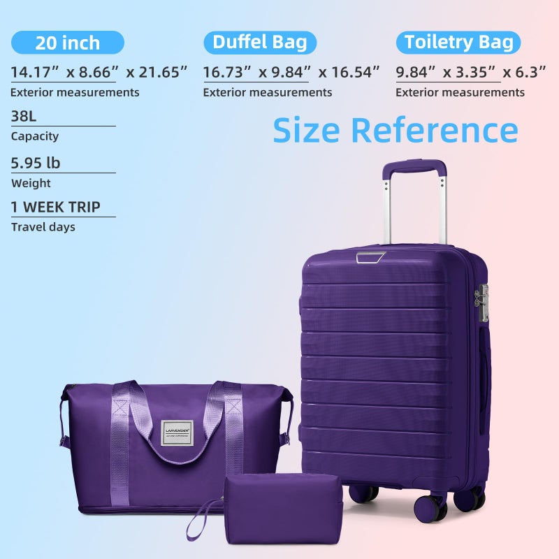 LARVENDER Luggage Sets 3 Piece with Duffel Bag Hardside PP Carry On Suitcase with 360Â° Spinner Wheels TSA Lock Luggage Sets for Women, Grape Purple - Image 5