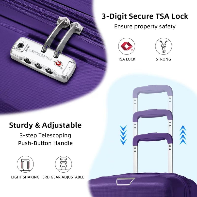 LARVENDER Luggage Sets 3 Piece with Duffel Bag Hardside PP Carry On Suitcase with 360Â° Spinner Wheels TSA Lock Luggage Sets for Women, Grape Purple - Image 2