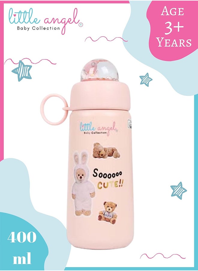 Little Angel Kids Water Bottle Stainless Steel, High Quality 400ml - Leak-Proof with Screw-Top Lid, Portable and Durable Design for School, Sports, Indoor & Outdoor - Cute Bear Design - Pink  - Image 1