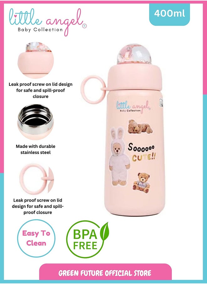 Little Angel Kids Water Bottle Stainless Steel, High Quality 400ml - Leak-Proof with Screw-Top Lid, Portable and Durable Design for School, Sports, Indoor & Outdoor - Cute Bear Design - Pink  - Image 2