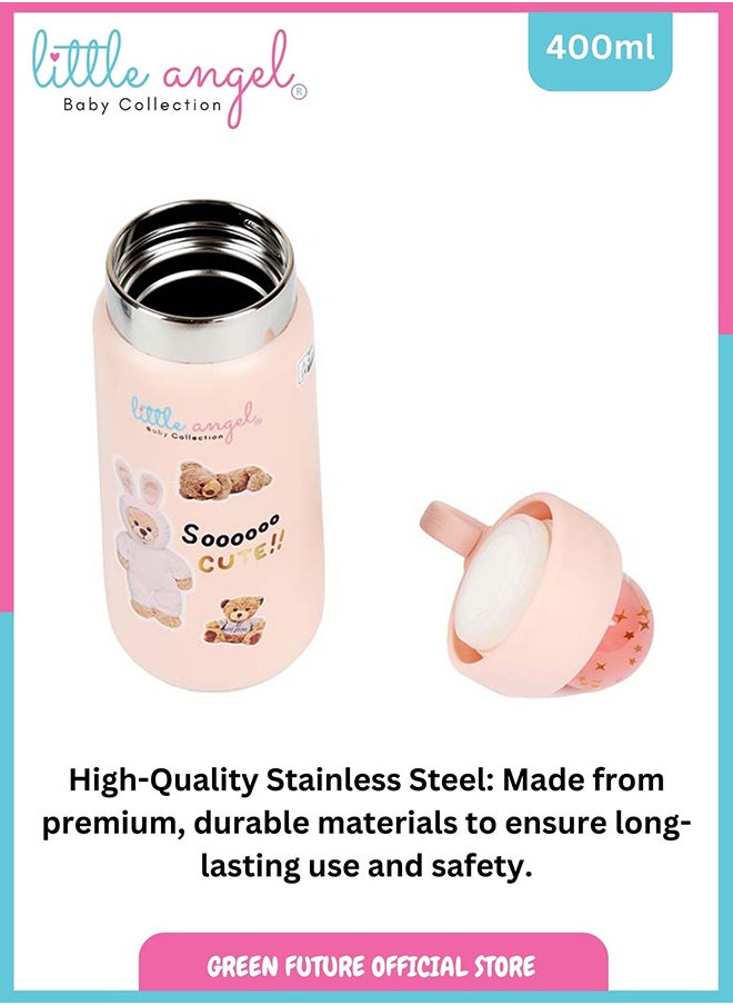 Little Angel Kids Water Bottle Stainless Steel, High Quality 400ml - Leak-Proof with Screw-Top Lid, Portable and Durable Design for School, Sports, Indoor & Outdoor - Cute Bear Design - Pink  - Image 3