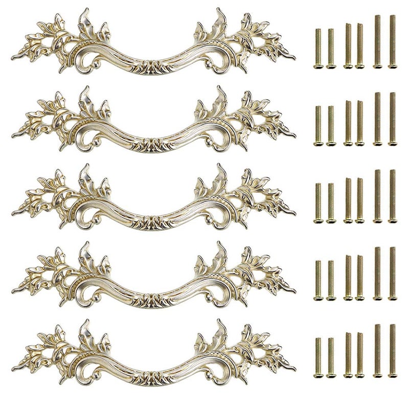 JUXYES Pack of 5 European Style Vintage Cabinet Handles Pulls Antique Decorative Dresser Drawer Pulls Retro Drawer Pull Handles Knobs for Cupboard Cabinet Antique Silver