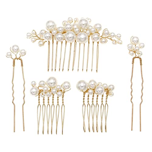 Sppry Wedding Pearl Hair Combs Set of 5 Pieces - Prom Hair Pins Accessories for Bridal Women (Gold) - Image 1