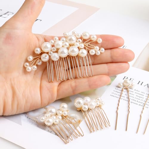 Sppry Wedding Pearl Hair Combs Set of 5 Pieces - Prom Hair Pins Accessories for Bridal Women (Gold) - Image 3